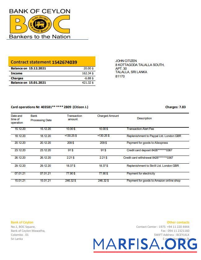 Printable Sri Lanka Bank of Ceylon bank statement word template